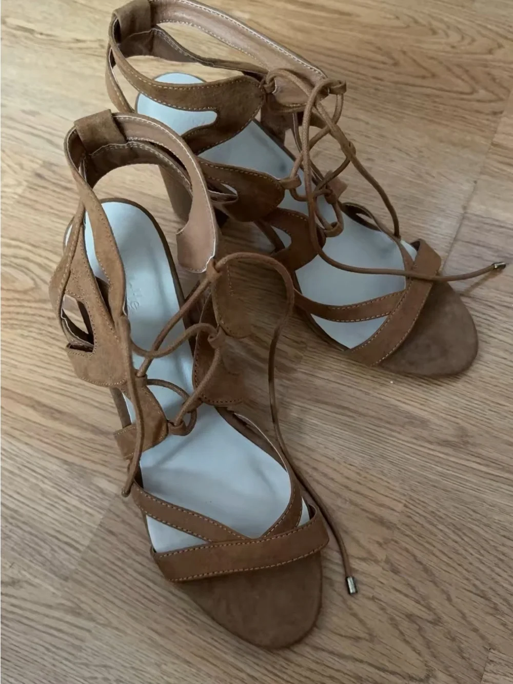 Suede Lace-Up High Heel Sandals - Tan